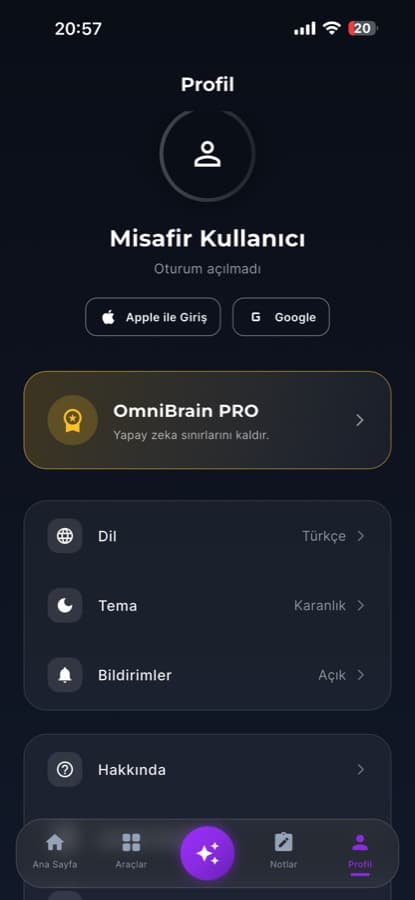 Profil, Apple/Google giriş ve OmniBrain PRO